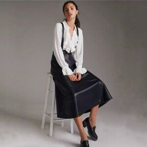 Anthropologie Faux Leather Pinafore Suspender Midi Skirt Size 00P Pockets Black